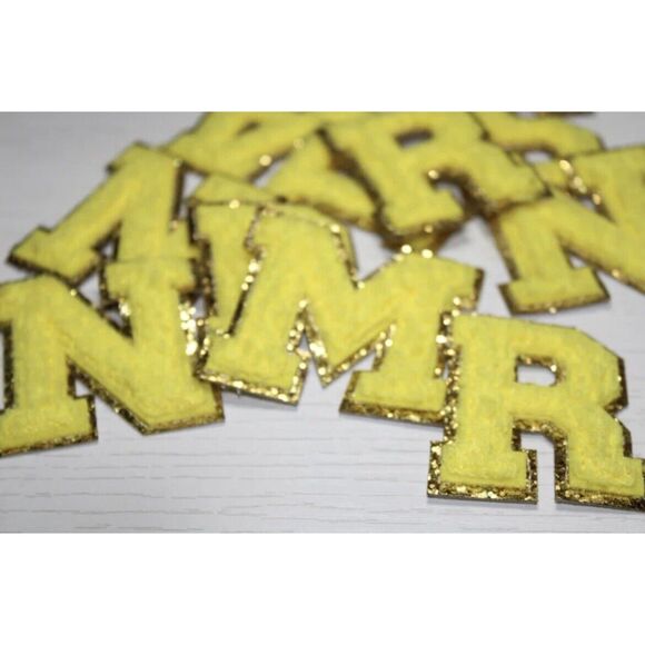 Mixed Lot of 15 Iron/Glue On 2” Chenille Letter Patch With Gold Glitter Trim - Picture 10 of 15